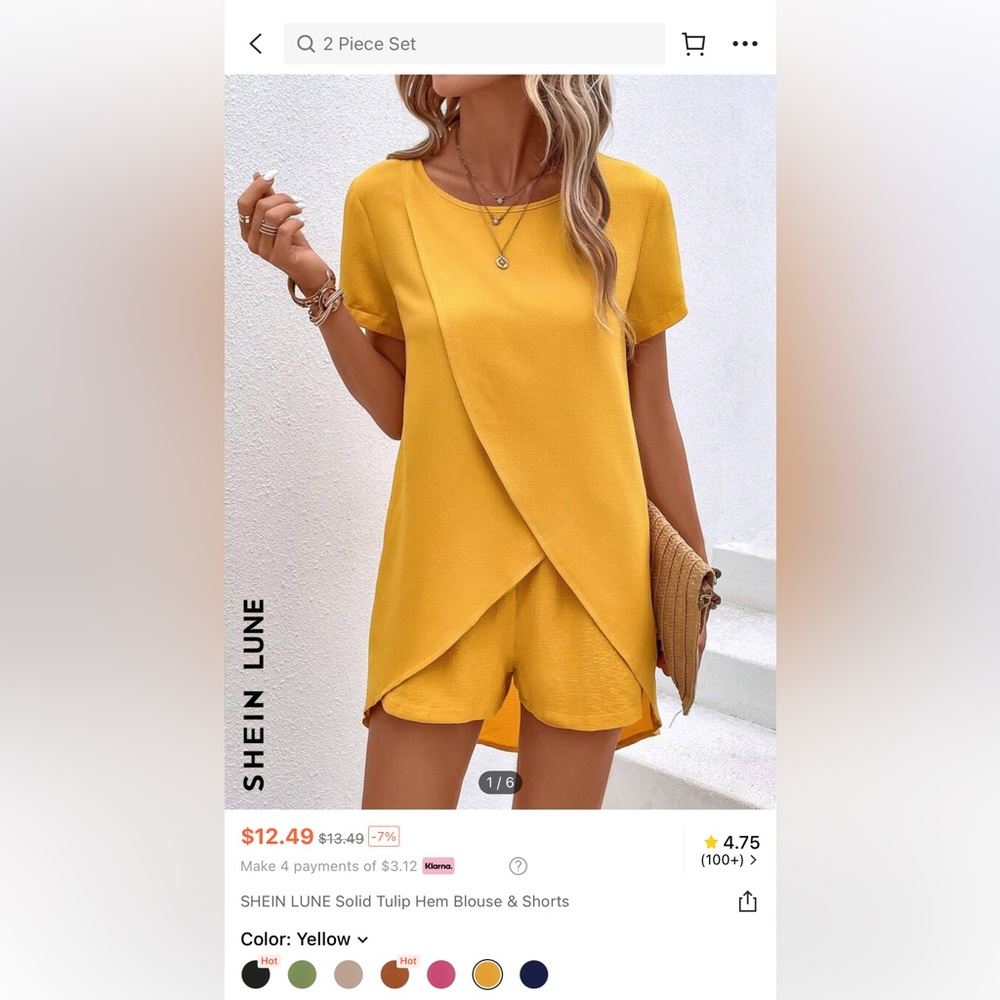 SHEIN 2 piece yellow shorts and split top never worn